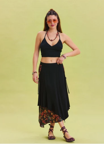 Black Skirt with Elastic Waist and Tie Detail 4519